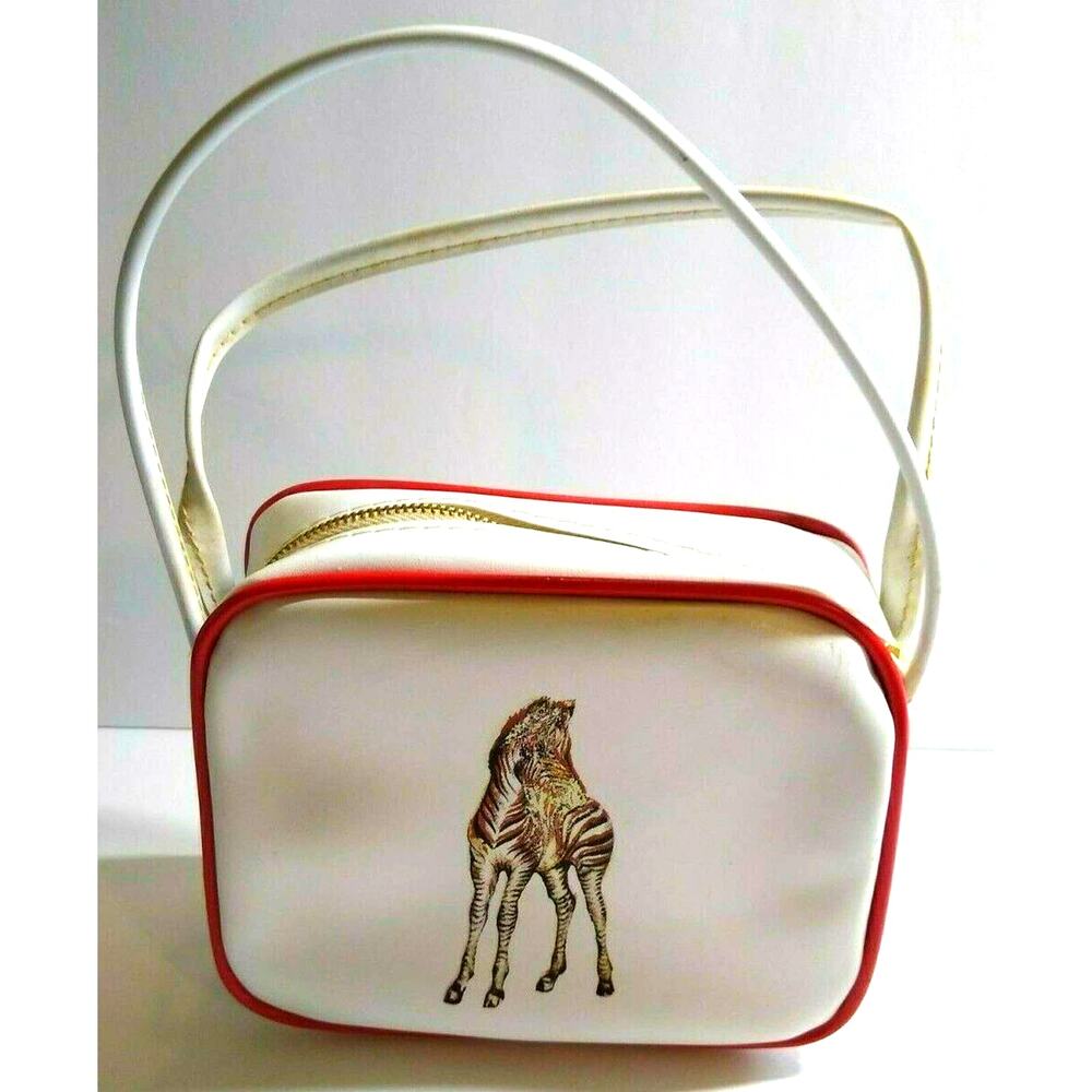 Childs Zebra Handbag Vinyl Strap Purse Bag Vintage NOS White Red Retro Fashion